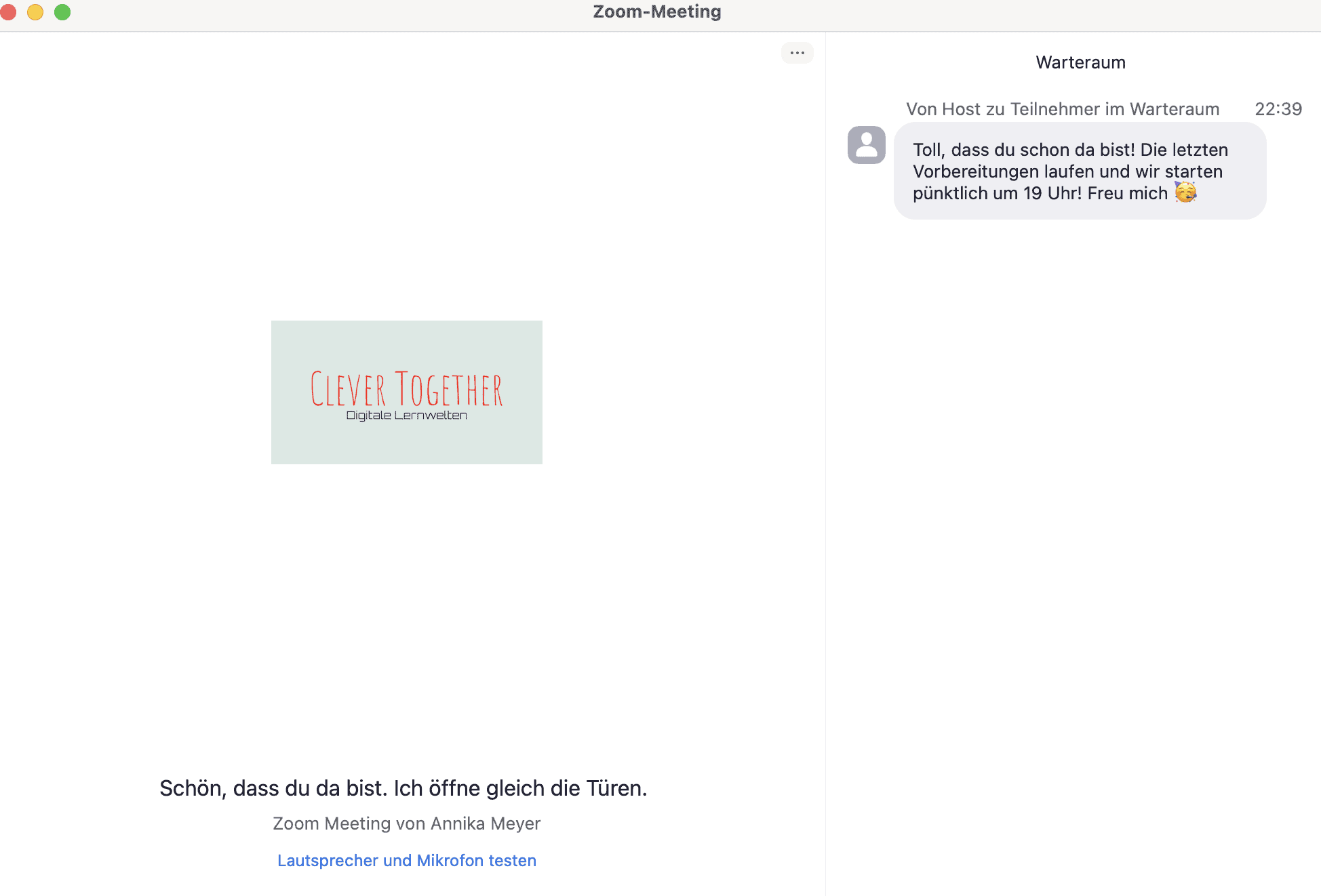 Screenshot, wie die Nachricht im ZOOM Warteraum angezeigt wird